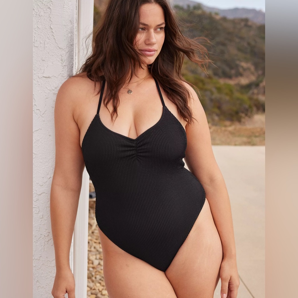 NWT Aerie Crinkle Halter Ruched Cheekiest One Piece Swimsuit